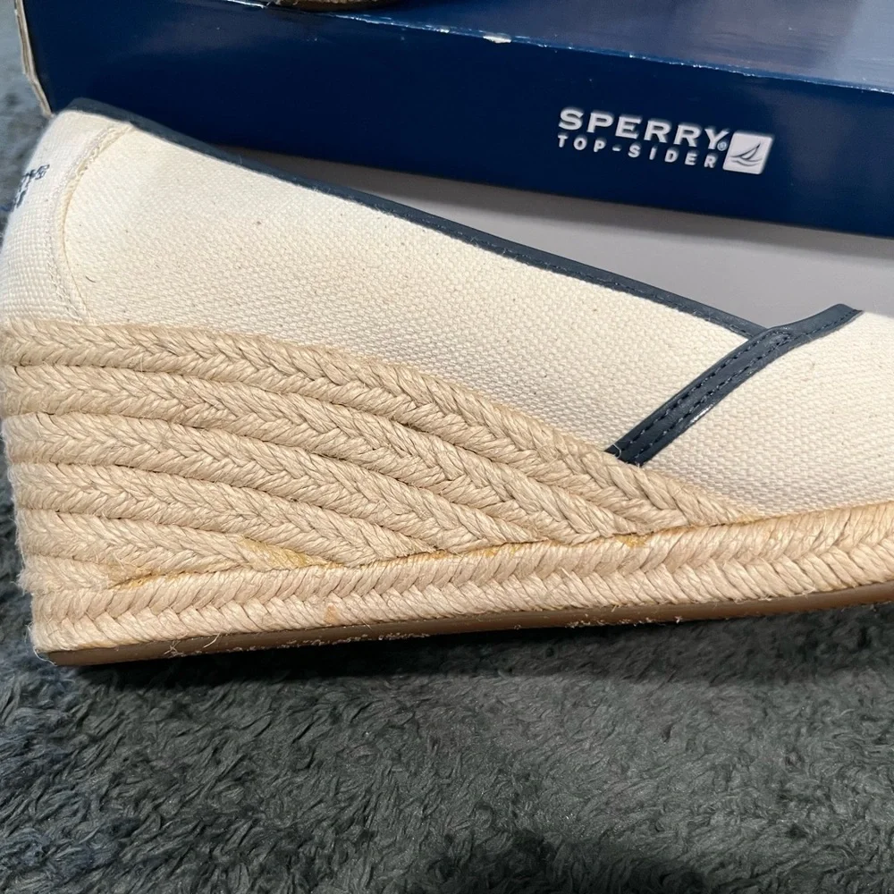 Sperry Cream Canvas Wedge Espadrilles with Navy Rope Detail